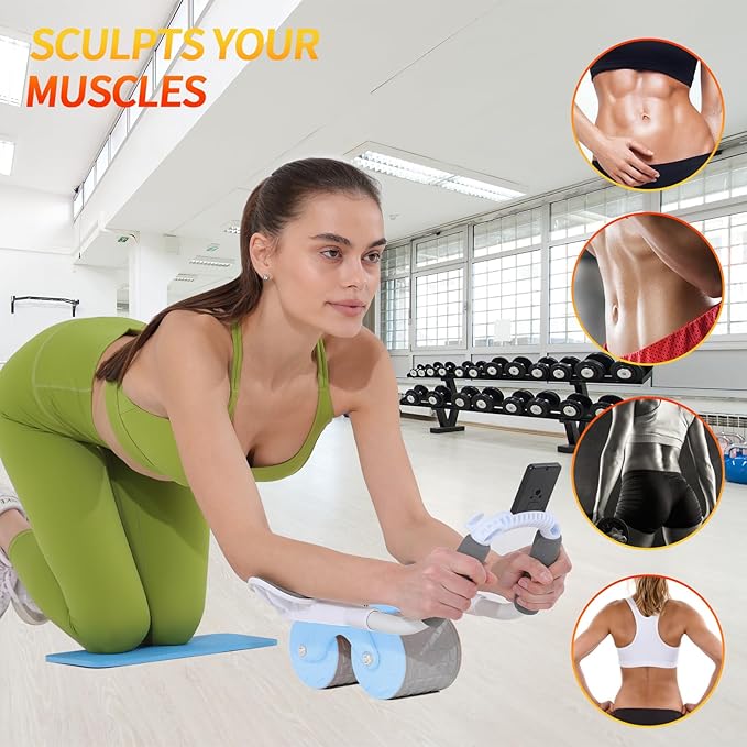 Ab Roller Wheel with Timer & Knee Mat, Home Workout Auto Rebound Abdominal Wheel with Elbow Support - Core Workout Equipment for Strengthening Abs, Home Gym Exercise for Women & Men