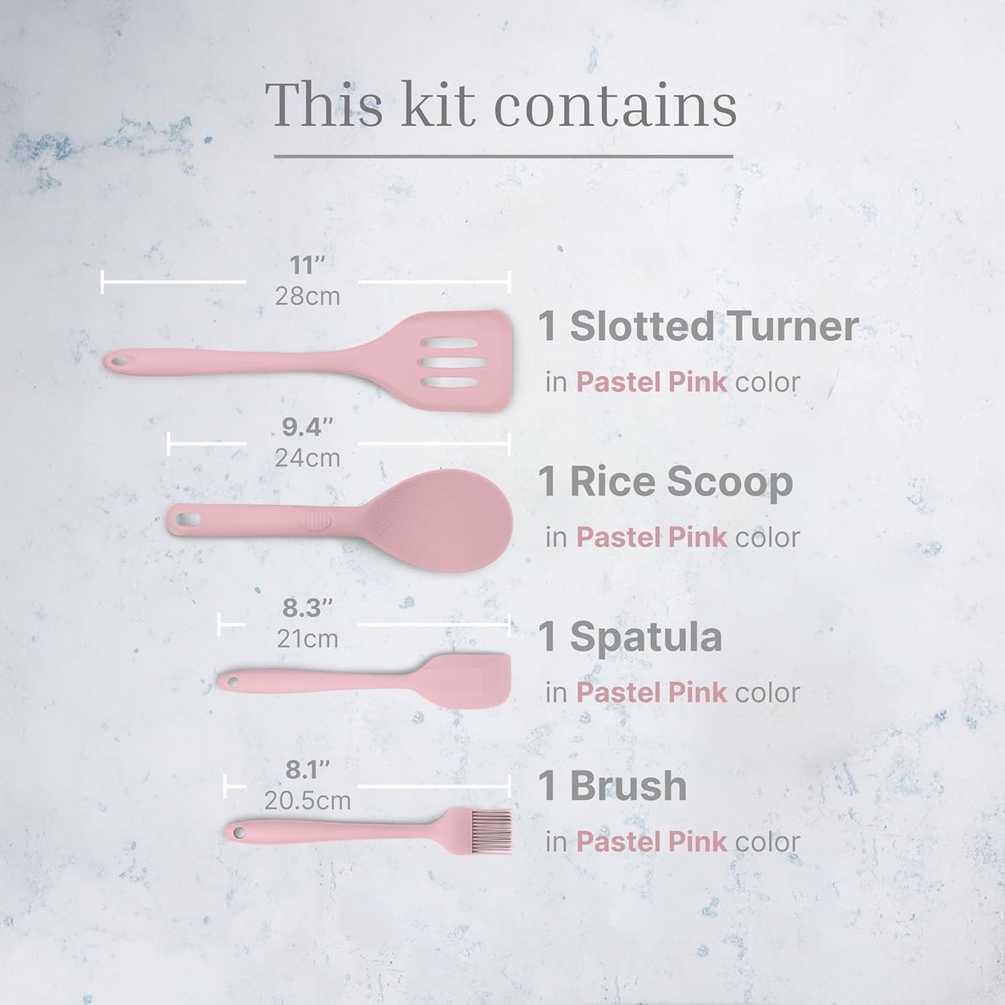 Silicone Utensils 4-Piece Set – Rubber Spatula, Pastry Brush, Slotted Turner, and Rice Paddle – Complete Heat-Resistant Set for Non-Stick Cookware – Kitchen Tools for Cooking and Baking – Pastel Pink