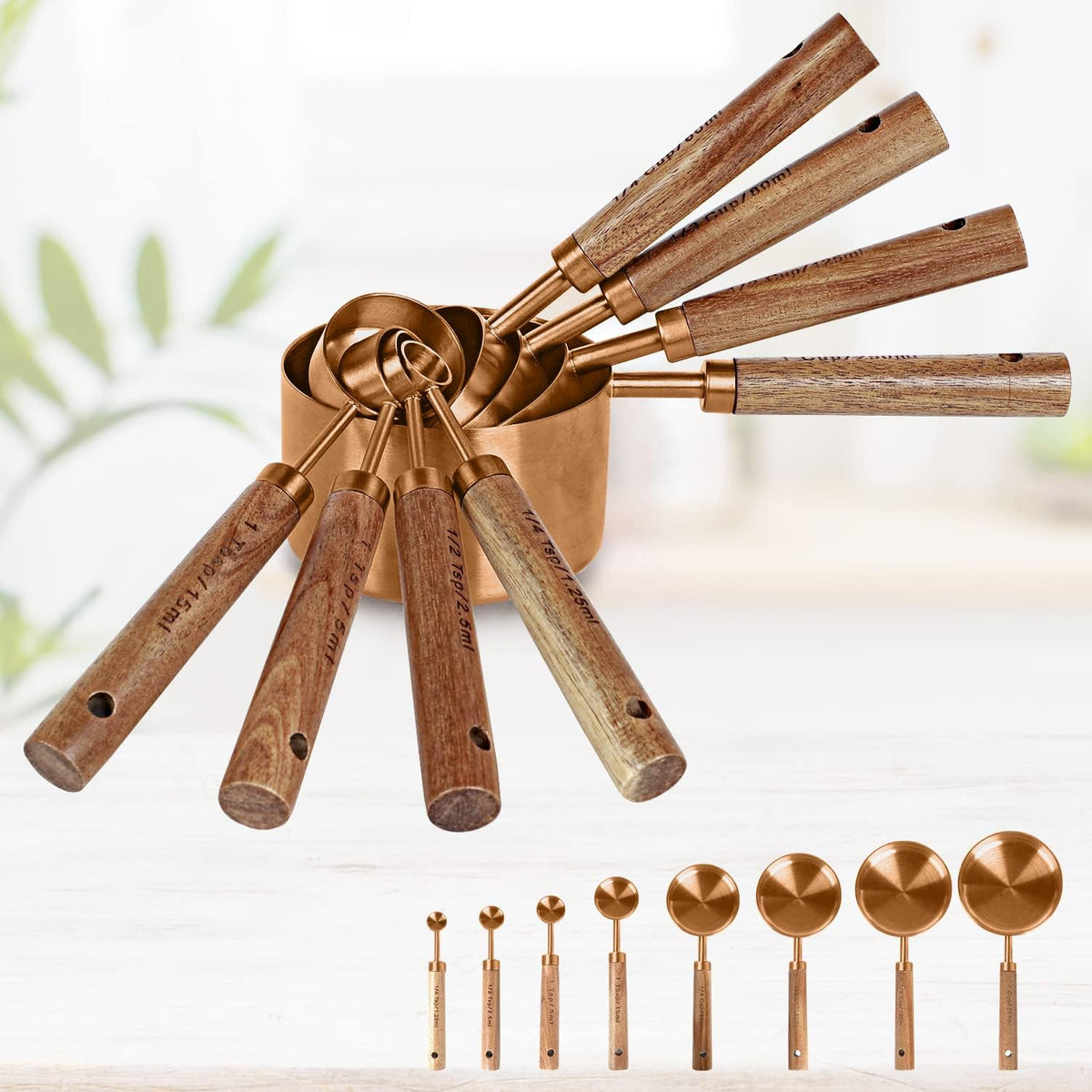Collection 8 Piece Rose Gold Measuring Cups Set and Measuring Spoons, Golden With fragrant wood Handles-Complete Set of Measure Cups and Spoons For Cooking and Baking.