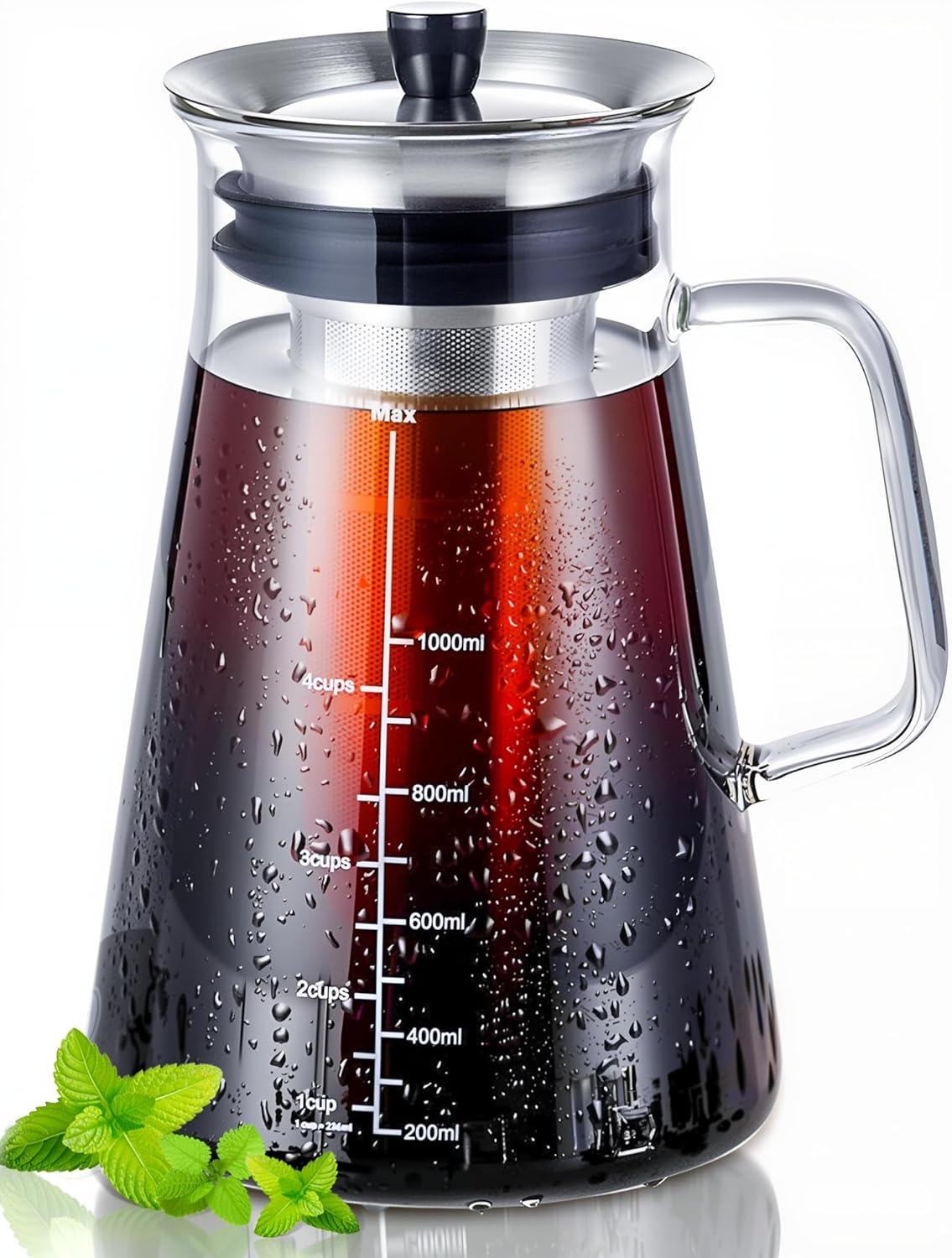 Aquach 34 Oz Cold Brew Coffee & Iced Tea Maker – Airtight Lid, Dishwasher Safe, Borosilicate Glass Caraf