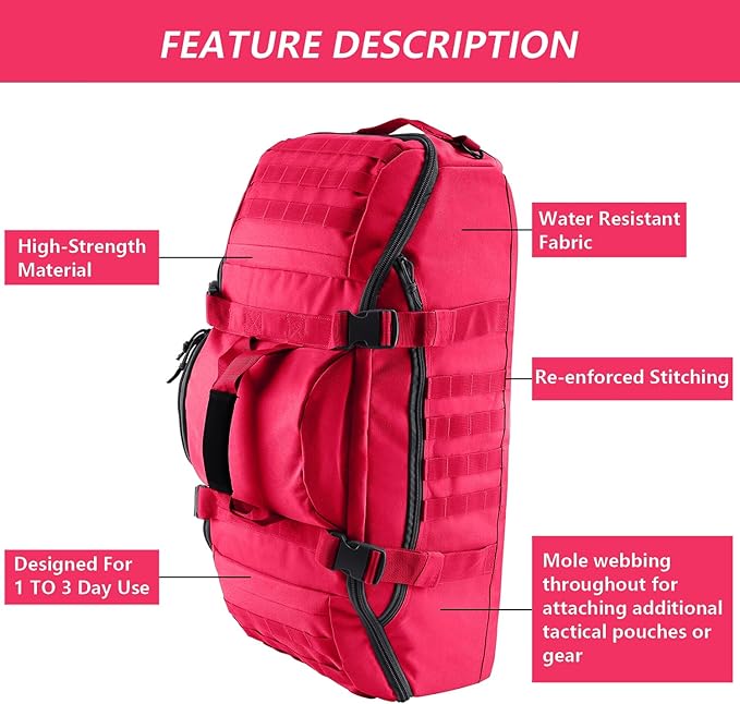 65L Large Duffle Bag, 3-in-1 Tactical Backpack MOLLE Pack for Sports, Gym, Outdoor, Red