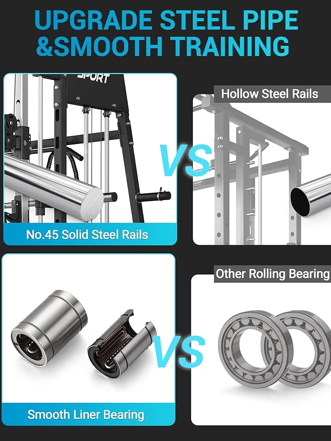 Smith Machine, Power Cage Squat Rack with Cable Crossover, Dual Pulley System, Pull-Up Bar, Home Gym Workout Equipment with Attachments for Strength Training and Weightlifting