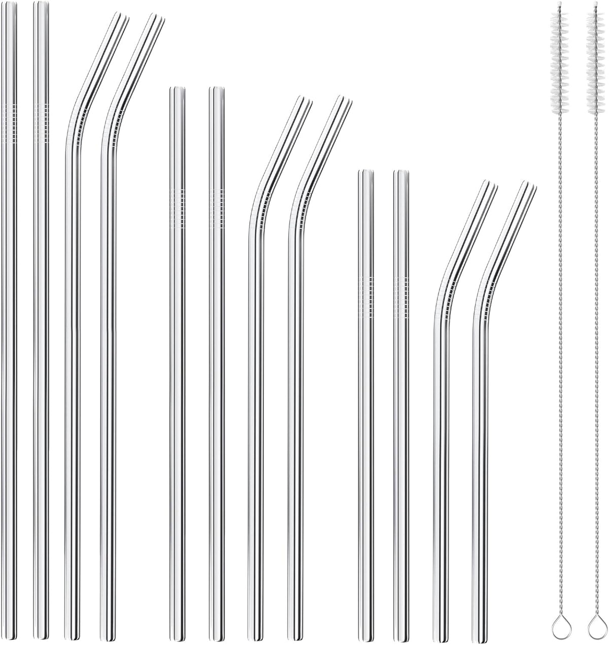 Set of 12 Reusable Stainless Steel Straws,0.31'' wide 3 Size - 12.2''10.5''8.5''Long Reusable Straw Chocolate Milk Straws with 2 Cleaning Brush for 10/20/30/40 oz