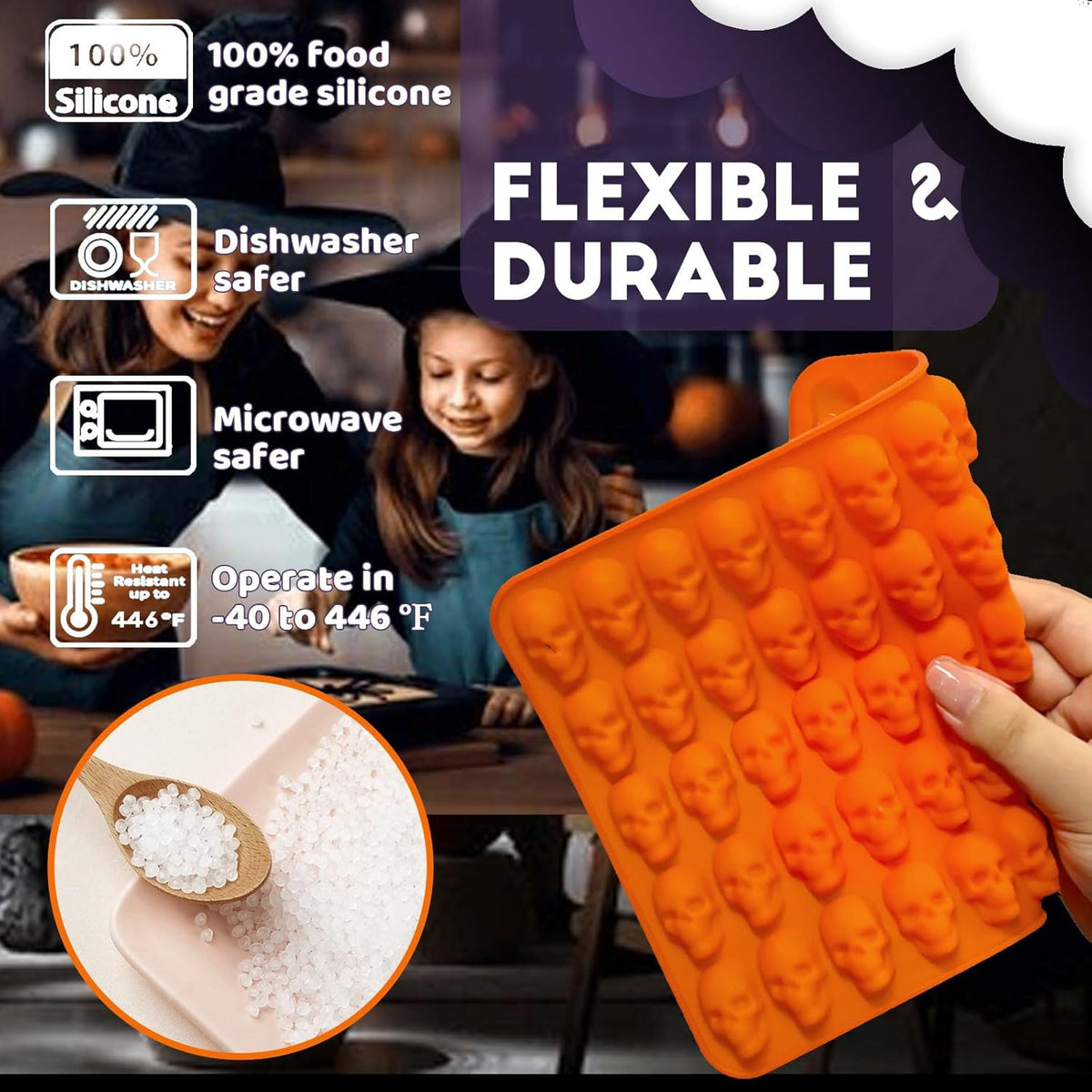 Mini Skull Molds Silicone Halloween for Candy Gummy Chocolate, 200 Cavity 4 pcs Small Head Shapes Freezing Tray Party Wax Melts DIY Moulds BPA Free Treat or Trick Kids Oven Safe