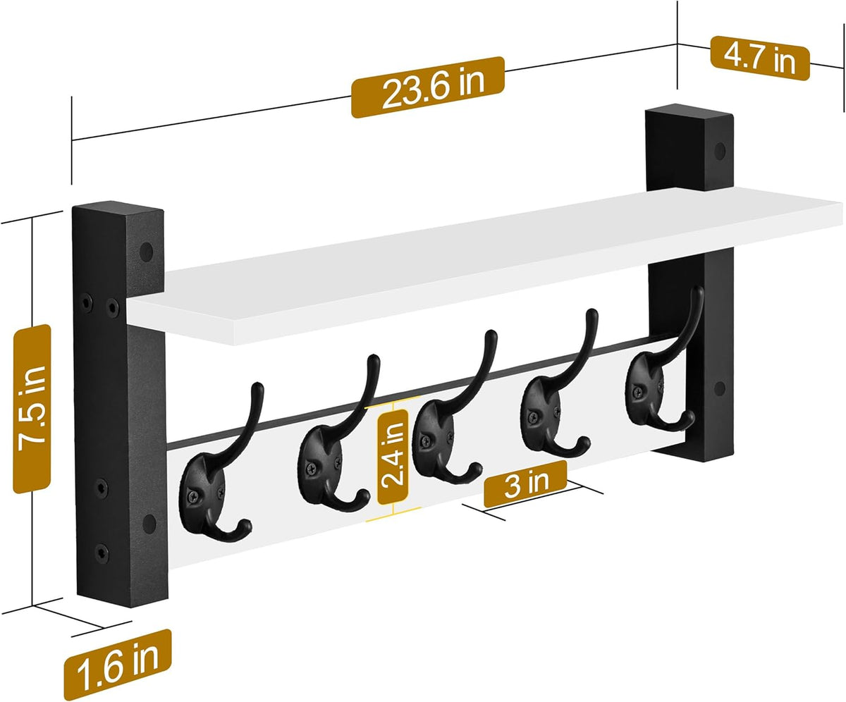 Sorbus Coat Hooks Wall Mount with Shelf – 24 Inch Coat Rack Wall Mount with 5 Heavy Duty Hooks – Floating Wall Shelf with Hooks for Entryway, Bathroom, Bedroom, Kitchen, or Mudroom (White)