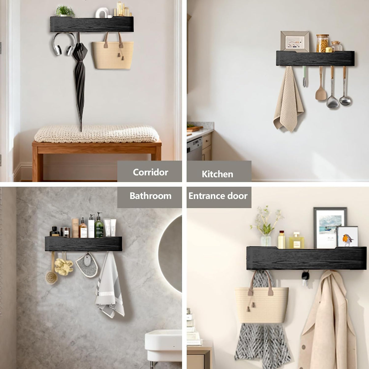 Coat Rack Wall Mount Entryway Organizer Modern Key Holder Wall Mount with Wooden Shelf Entryway Hooks for Bedroom Kitchen Hallway Bathroom for Hanging Coats Hats Bags Towels