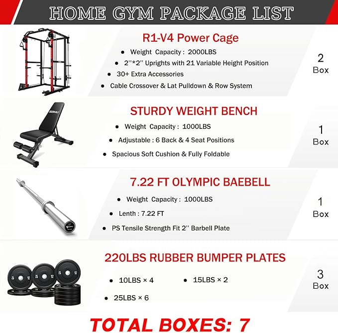 R1-V4 Power Cage Rack, 2000LB Squat Rack with Cable Crossover System, Multi-Function Weight Cage, Home Gym Workout Machine with More Training Attachments