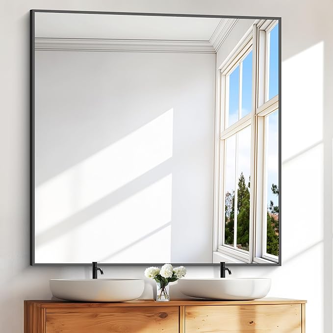 Bathroom Mirror,48x48 inch Large Wall Mirror for Bathroom Wall Mounted,Black Rectangle Wall Mirrors,Square Mirror for Living Room,Farmhouse, Bedroom Entryway, Horizontal/Vertical