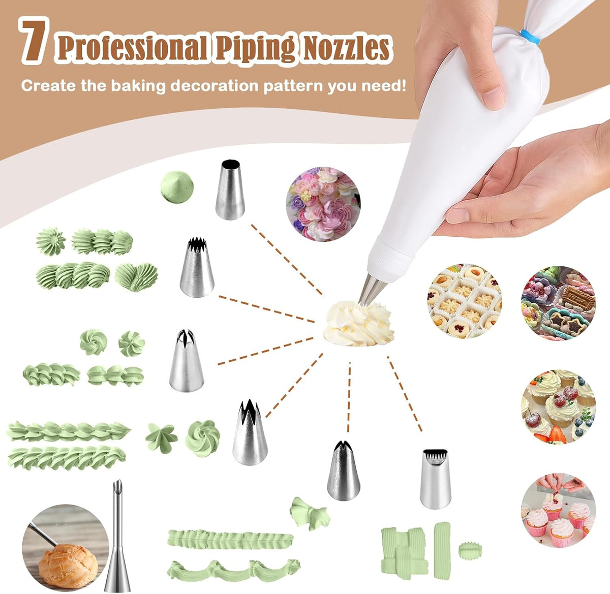 14-Piece Reusable Piping Bags and Tips Set- Cotton Baking Kit with Coupler, Stainless Steel Nozzles,Silicone Cable Ties& Cleaner for Cakes/Cupcakes/Cookies Decorating