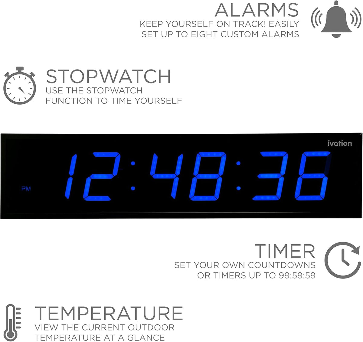 Ivation Oversized 36" Large Digital LED Clock | Big Digital Clock w/Multi-Function Display – Stopwatch, Timer, Alarms, Temp & Date | 6 Brightness Levels, Time Memory & Remote (Blue)