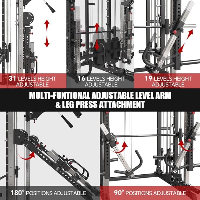 Commercial Smith Machine with Smith Bar, 4000LBS Power Cage Squat Rack with Lever Arm, Leg Press, LAT Pull Down System, Multi-Function Linear Bearing Cable Crossover Machine for Home Gym