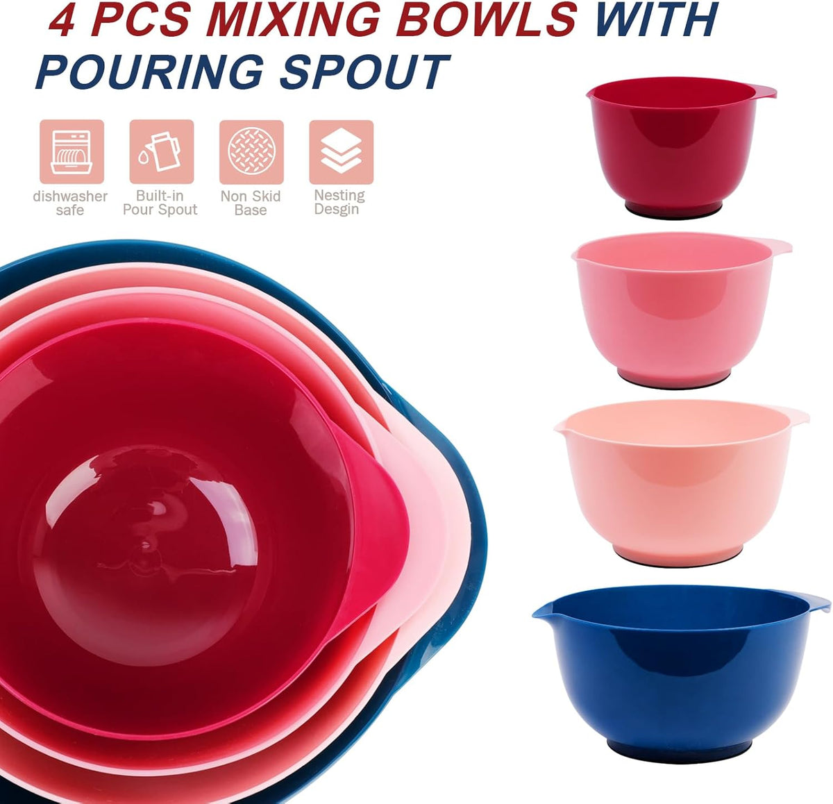 BoxedHome Classic Mixing Bowl Set, BPA Free Plastic, Microwave and Dishwasher Safe, 4.5 quarts (Pink/Blue)