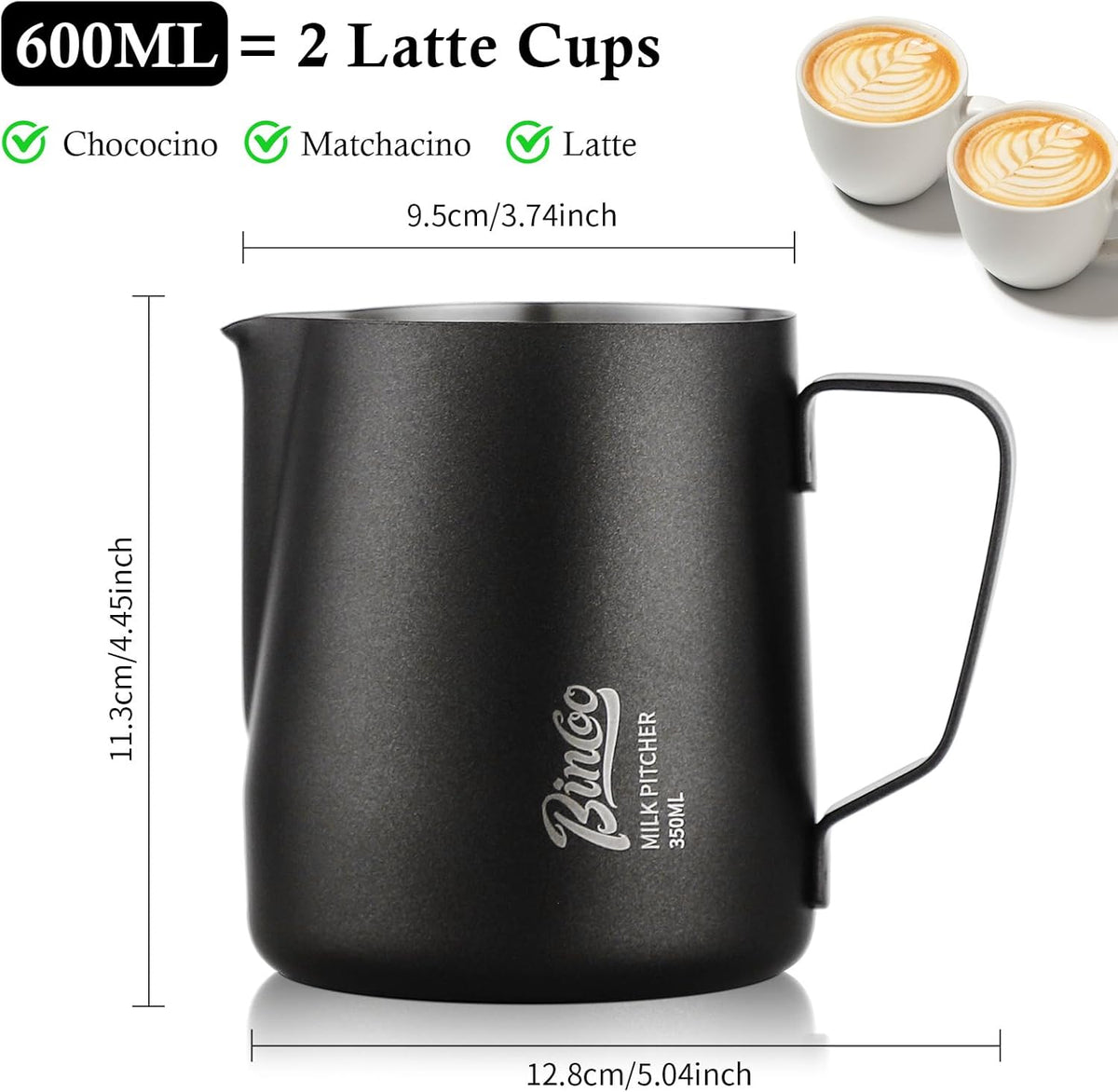 600ML Milk Frothing Pitcher - SUS304 Stainless Steel Latte Art Coffee Jug – Barista-Grade Milk Frother Cup with Precision Spout, Measurement Markings & Ergonomic Handle for Home & Café