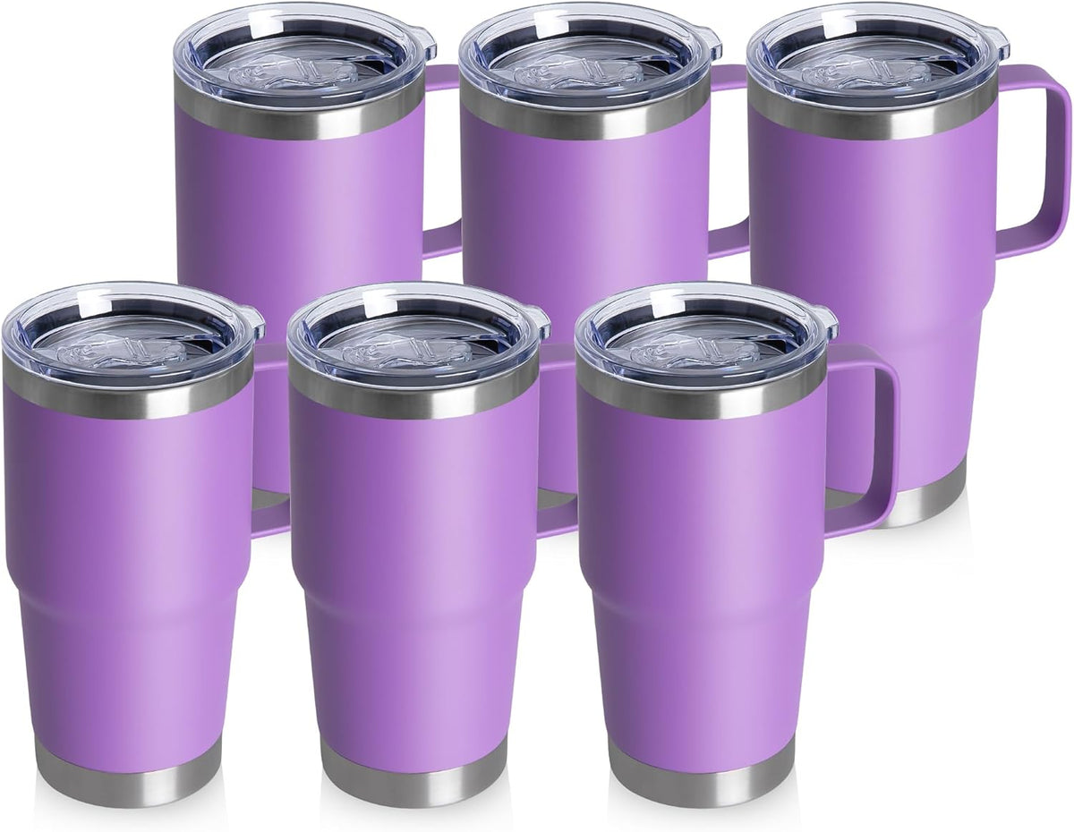 HASLE OUTFITTERS 20oz Tumbler Bulk with Lid, Stainless Steel Tumbler Bulk with Handle, Metal Insulated Travel Coffee Mug Set with Handle, Double Wall Vacuum Leak Proof Tumbler Cup, Purple 6 Pack
