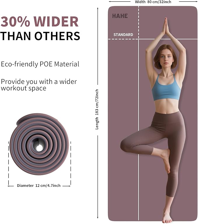 HAHE Non Slip Yoga Mat Wide, (72"L X 32"W, 0.24" Thick) Large Fitness Exercise Mat with Carrying Strap, Eco-Friendly POE Yoga Mats for Home, Gym, Pilates, Stretching