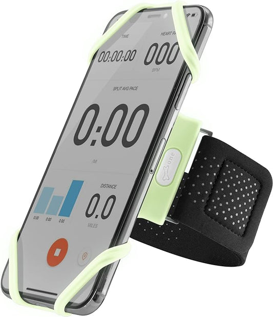 BONE Run Tie, Running Cell Phone Holder, Skin-Friendly & Washable Silicone Sport Armband, Universal Workout Phone Carrier Compatible with Most Smartphone (Luminous - Size S/Arm Size 7.9-9.8'')