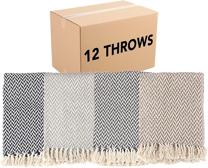 Arkwright Common Ground Bulk Blankets - Pack of 12 - Reversible 100% Cotton All Season Lightweight Couch Bed Throws for Wedding Guests, Travel, and Outdoor Events, 50 x 70 in, Chevron