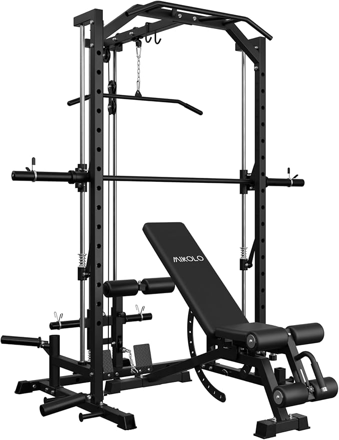 Mikolo Smith Machine Home Gym Power Cage (1:1 Ratio Strength Trainer) (Space Saving Design) (with 8 Free Attachments) Squat Rack for Full Body Training