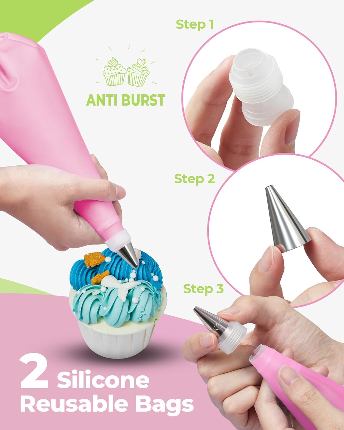 Kootek 32-Piece Piping Bags and Tips Set with 24 Icing Piping Tips, 2 Reusable Pastry Bags 12 Inch, Reusable Piping Icing Bags and Tips, Cake Decorating Kit for Frosting Cookie, Cupcake