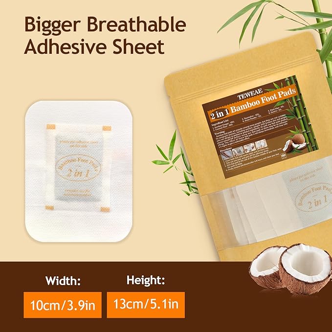 2 in 1 Foot Pads, 64 Pads Bamboo Vinegar Coconut Shell Powder Foot Pads with ''Stay in Place'' Bigger Adhesive Sheet