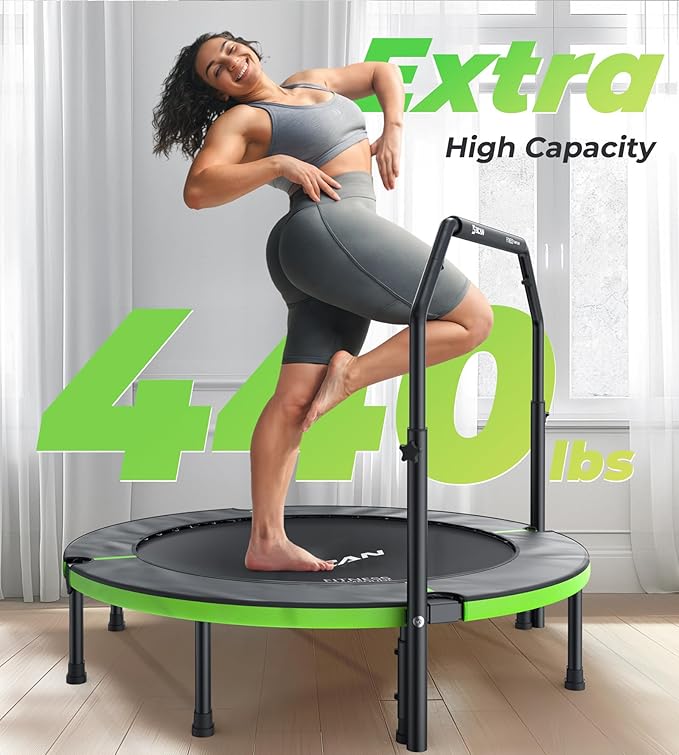 BCAN 40"/48" Foldable Mini Trampoline, Rebounder Trampoline for Adults, U/T Shape Adjustable Foam Handle, Exercise Rebounder for Adults Indoor/Garden Workout, Max Load 330lbs/440lbs