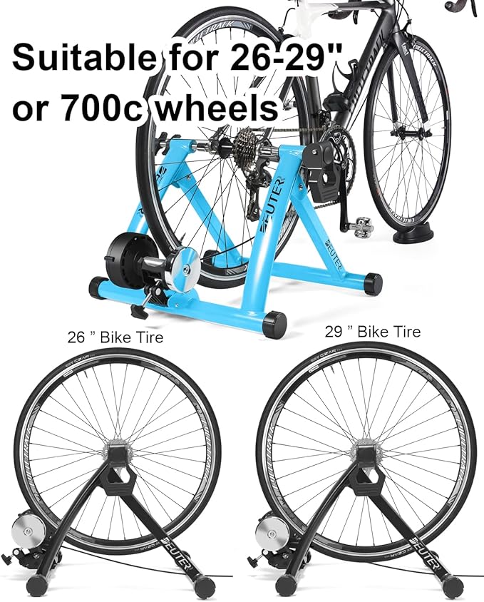 Bike Trainer, Magnetic Bicycle Stationary Stand for Indoor Exercise Riding, 26-29" & 700C Wheels, Quick Release Skewer & Front Wheel Riser Block Included