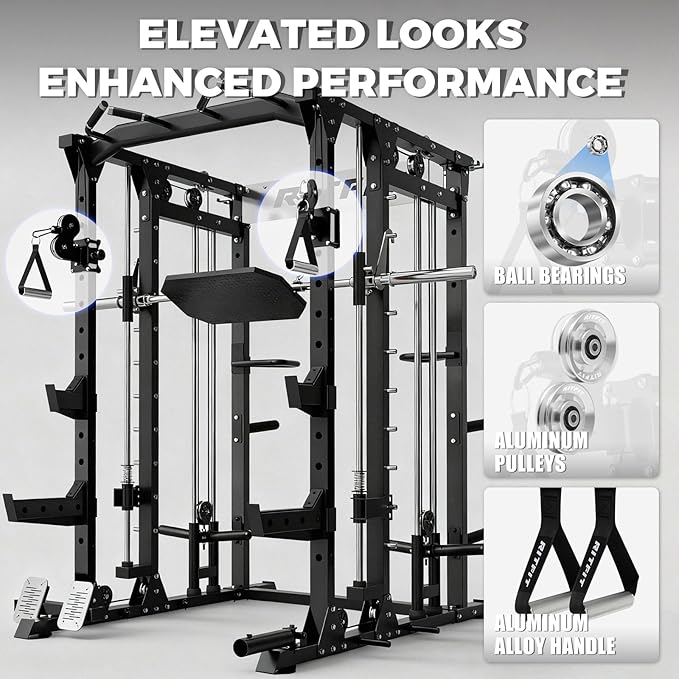 RitFit Smith Machine Power Cage with LAT Pulldown & Cable Crossover, All-in-One Power Rack Home Gym System with Leg Press Attachment & Accessories