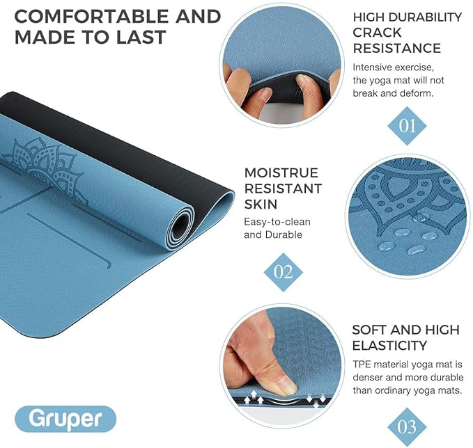 Yoga Mat Non Slip TPE Extra Wide Yoga Mat with Alignment Mark, 72"L x 32"W x 0.32"/0.24"Th (183cm x 81cm x 8mm/6mm), Anti-Tear Exercise Mat with Carrying Strap and Bag, Workout Mats for Yoga, Pilates