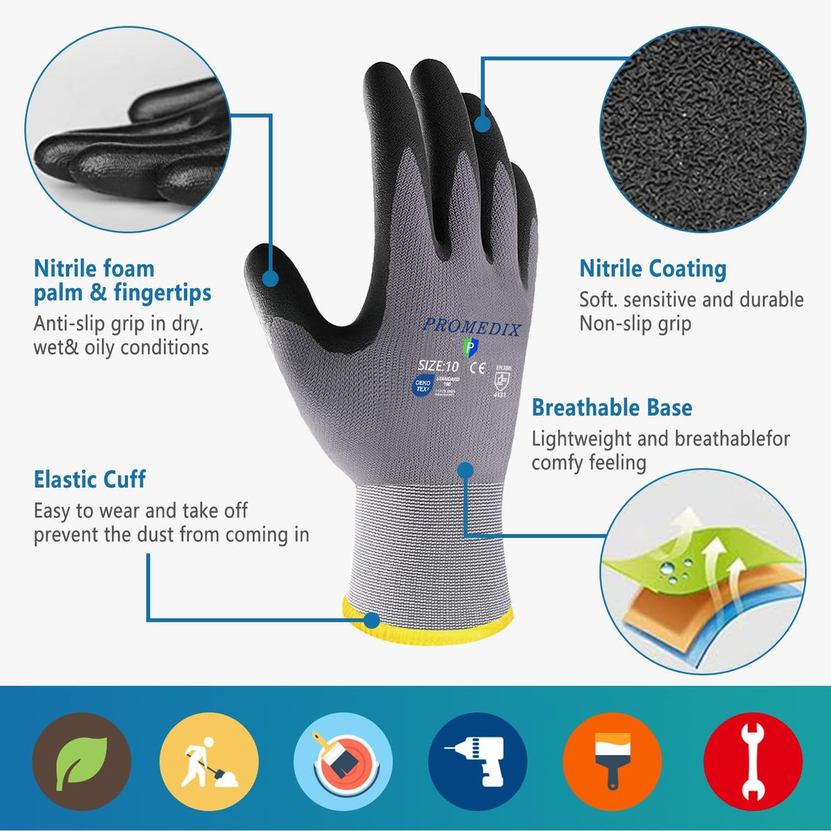 PROMEDIX P Nitrile Coated Work Gloves,MicroFoam Safety Work Gloves Men,Seamless Knit Nylon&spandex Gloves with Grip