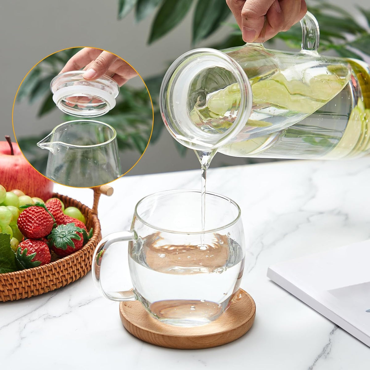 Hsei 2 Sets Glass Pitcher with Lid, 67.6 oz / 2000 ml Water Carafe with Handles Hot Cold Beverage Water Jar Glass Jug for Tea Juice Milk Coffee Iced Beverage (Glass Lid)