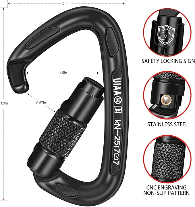BEIFENG 25KN Auto Locking Carabiner - UIAA Certified Heavy Duty Climbing Carabiners for Rock Climbing, Camping, Rappelling, Hunting, Rescue Equipment - Professional Carabiner Clips (Black)