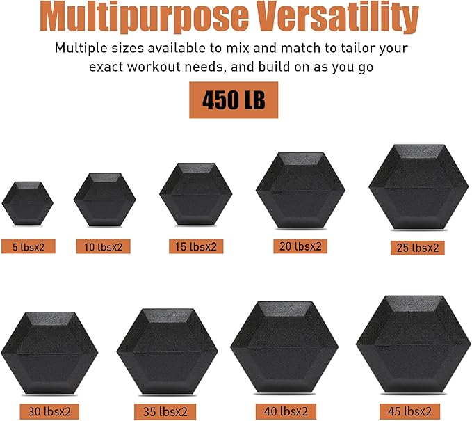 Ritafer 6-10 Pair Hex Rubber Dumbbell Set 350/450 and 550 lbsï¼?-50 lbs ）Hand Free Weight for Strength Coated Encased Iron Weights with Dumbbells Storage Rack Home Gym