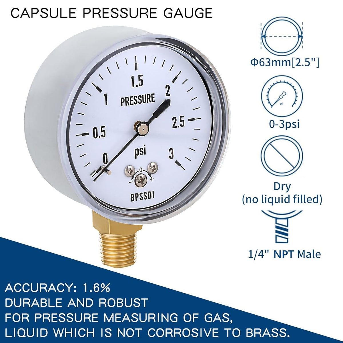 0-3 Psi Low Pressure Gauge, Capsule Gauge with 304 Stainless Steel Case, 2.5" Dial Size, 1/4" NPT Lower Mount, Zero Adjustment, for Air Water Gas Pressure Test