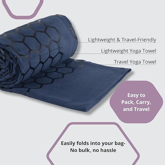 Clever Yoga Non-Slip Hot Yoga Towel – Non-Slip Grip for Hot Yoga, Sweat Absorbent, Honeycomb Silicone Grip, Stays Flat – Ideal for Pilates, Travel, Washable & Lightweight - Dark Blue