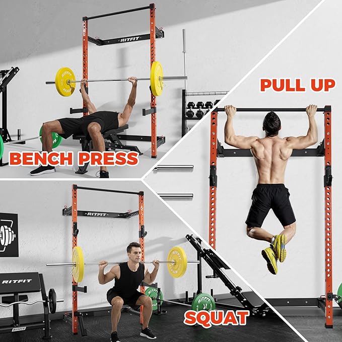 RitFit Multi-Functional Folding Squat Rack for Home Gym, 2.36'' x 2.36'' Wall Mounted Squat Rack with Attachments - Space Saving Squat Power Rack