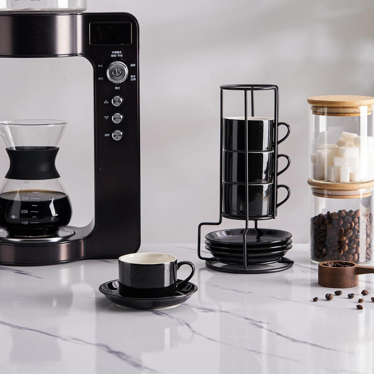 2.5oz Porcelain Stackable Espresso Cups with Saucers and Metal Stand Set of 4, Stackable Cappuccino Cups, Black Expresso Shots Cup Set for Coffee Drinks, Latte, Tea