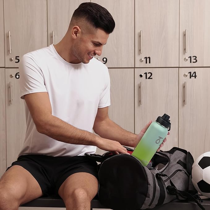 Trebo 32 oz Water Bottle Insulated with Lid and Straw, Double Wall Vacuum Stainless Steel Sports Flask with Paracord Handle, Keep Hot 24 Hours & Cold 48 Hours Water Cup with 3 Lids, Dark Green