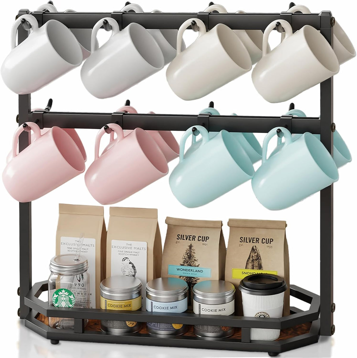 Coffee Mug Holder with Movable Hooks,16 Capacity Coffee Cup Holder for Countertop, Metal Mug Tree Holder Rack with Storage Base,Home Storage Mug Organizer adjustable Heights (Black)