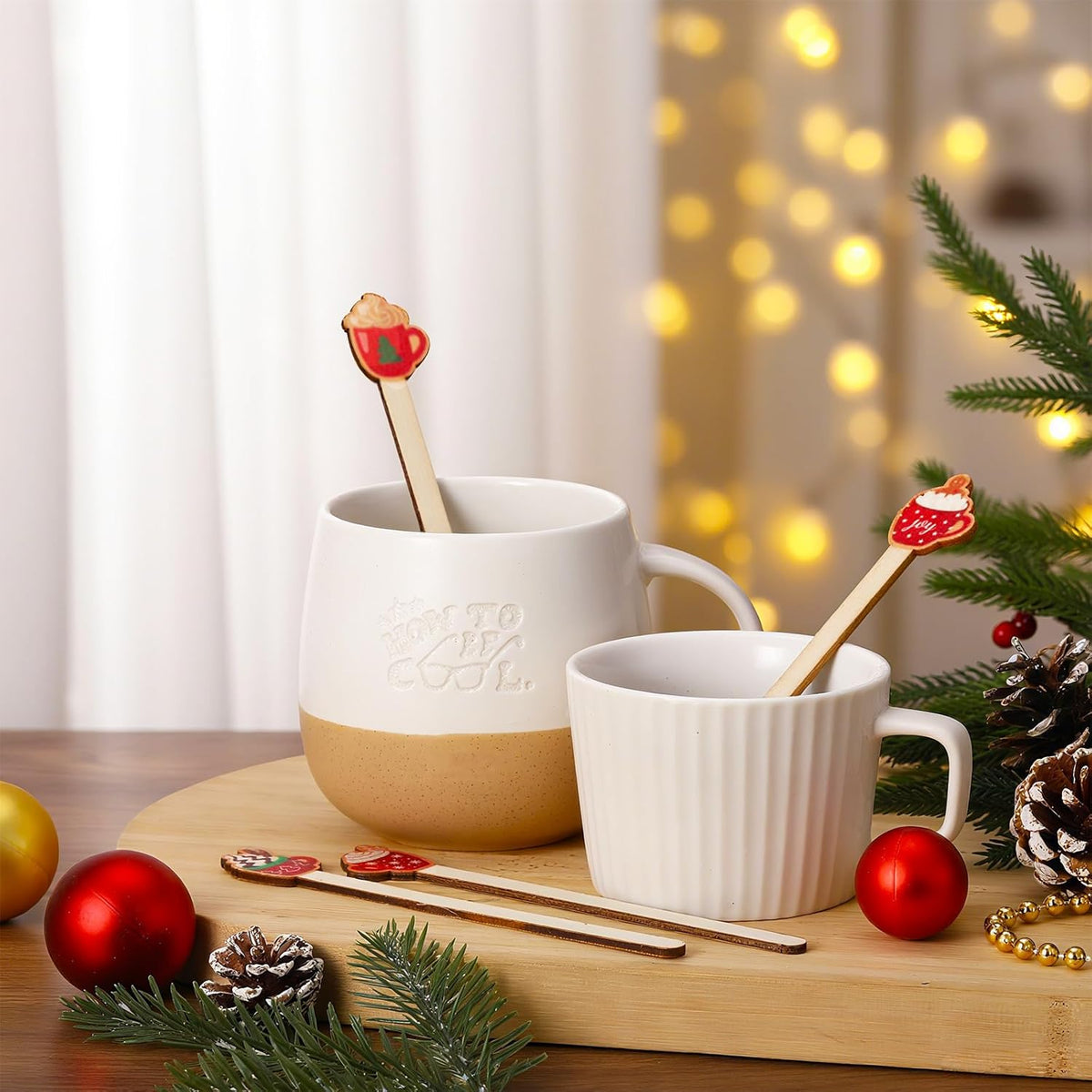 Jinei 120 Pcs Christmas Hot Chocolate Cup Coffee Stir Sticks Natural Wooden Disposable Drink Stirrers for Hot Chocolate Milkshake Cocktail Restaurant Home Office