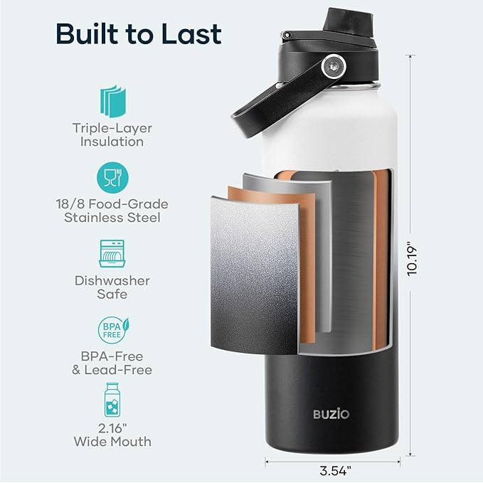 BUZIO Insulated Water Bottle with Straw Lid and Flex Cap, 40oz Modern Double Vacuum Stainless Steel Water Flask, Cold for 48 Hrs Hot for 24 Hrs Simple Thermo Canteen Mug, White and Black