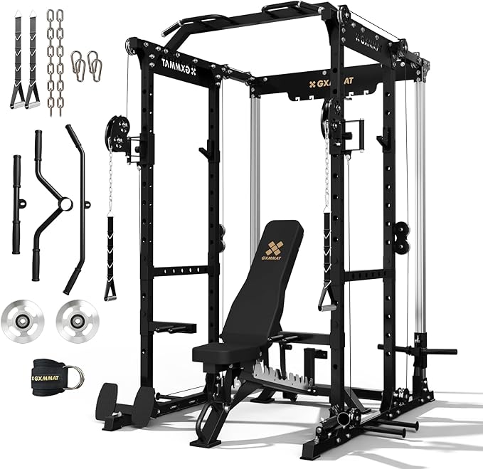 GXMMAT X6 Power Cage, 2200LB Multi-Function Power Rack with Independent Dual Aluminum Pulley System, Squat Rack for Home Gym Strength Training Equipment, Heavy-Duty Steel Construction