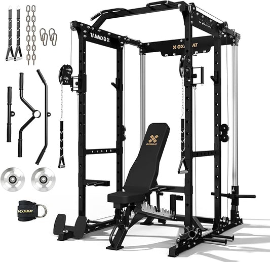 GXMMAT X6 Power Cage, 2200LB Multi-Function Power Rack with Independent Dual Aluminum Pulley System, Squat Rack for Home Gym Strength Training Equipment, Heavy-Duty Steel Construction