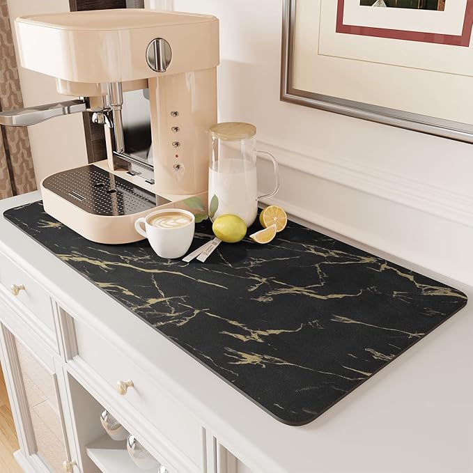 AMOAMI Coffee Mat Hide Stain Rubber Backed Absorbent Dish Drying Mat for Kitchen Counter-Coffee Bar Accessories, Black & Gold, 17"X31.5"