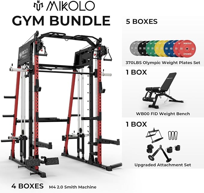 Mikolo Smith Machine, 2200lbs Squat Rack with LAT-Pull Down System & Cable Crossover Machine, Training Equipment with Leg Hold-Down Attachment