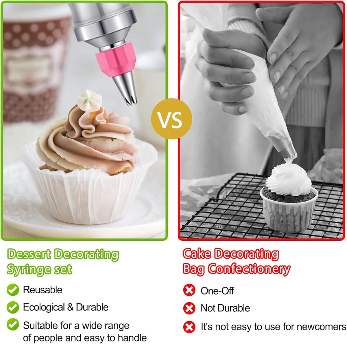 Cake Decorating Kit with 6 Stainless Steel Icing Nozzles, Reusable Piping Gun & Tips Set – Professional Frosting Tools for Cupcakes, Cookies, Cakes, Desserts – Baking Supplies for Beginners & Bakers