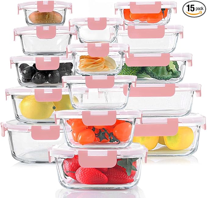 30 Pieces Glass Food Storage Containers Set, Meal Prep Containers Set with Snap Locking Lids, Airtight Glass lunch Containers, Microwave, Oven, Freezer & Dishwasher,Pink