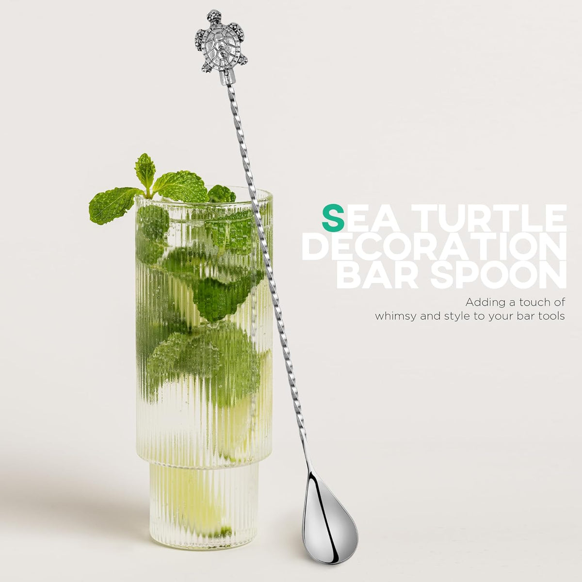 Homestia 12 Inch Long Bar Spoon Cocktail Spoon Stirring Mixing Stainless Steel Spiral Pattern Cocktail Stirrers Spoons with Turtle Handle Mixing Shaker Tool for Coffee Bar Accessories (Silver)