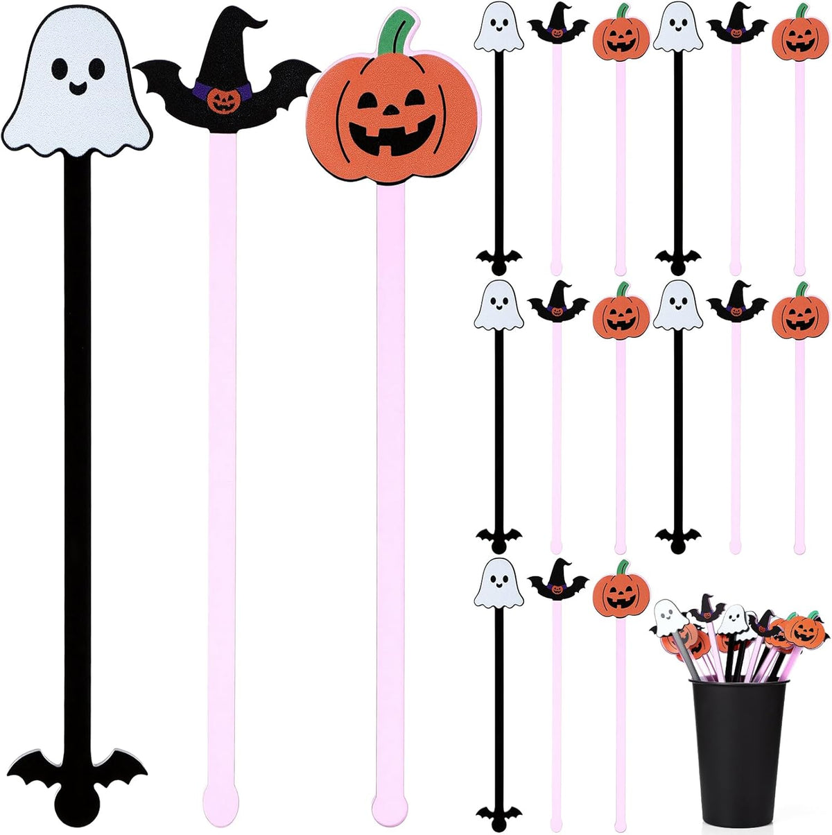 Remerry 18 Pcs Halloween Swizzle Sticks 6.7 Inches Halloween Reusable Stir Sticks Acrylic Drink Stirrers Pumpkin Ghost Witch Cocktail Coffee Stirrers Bulk for Coffee Bar Milk Party Decor(Mixed)