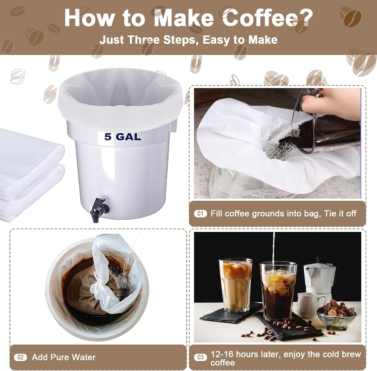 50 Pack Commercial Cold Brew Coffee Filters for 5 Gallon Buckets, 20" X 20" Commercial Cold Brew Bags for Commercial Model Cold Brew Coffee Makers, Brew Up To 5 LBS Coffee