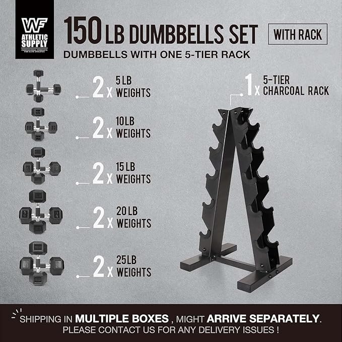 WF Athletic Supply Rubber Encased Hex Dumbbells with Rubber Grip Contoured Handle for Muscle Toning, Strength Building & Full Body Workout